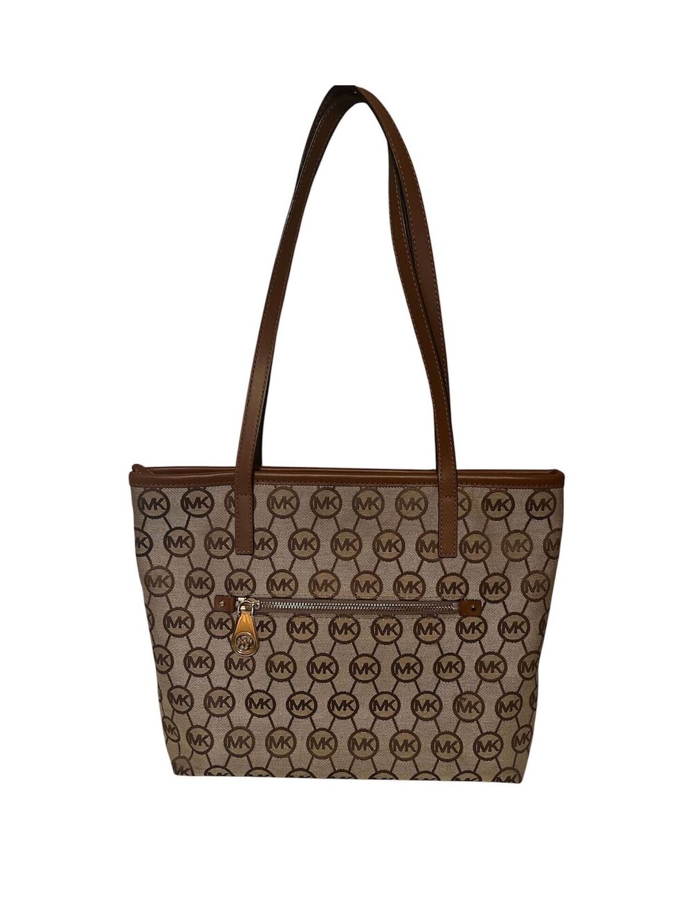 MK3. Michael Kors Jet Set Signature Logo Canvas Tote - Brown, Gold Hardware